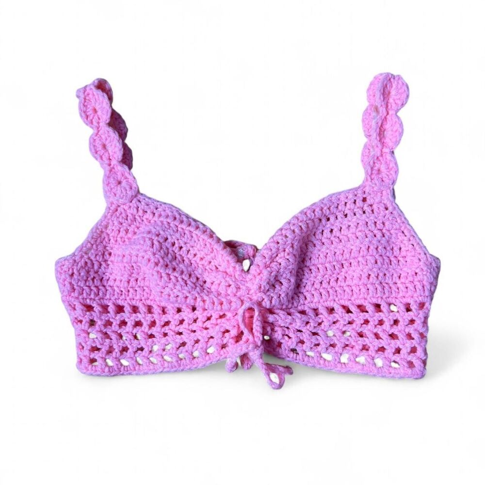 Pink Crochet Crop Top Bralette Scalloped Straps Festival Boho Coquette S/M